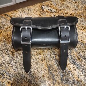Black Leather Motorcycle Tool Roll Bag with Buckles
